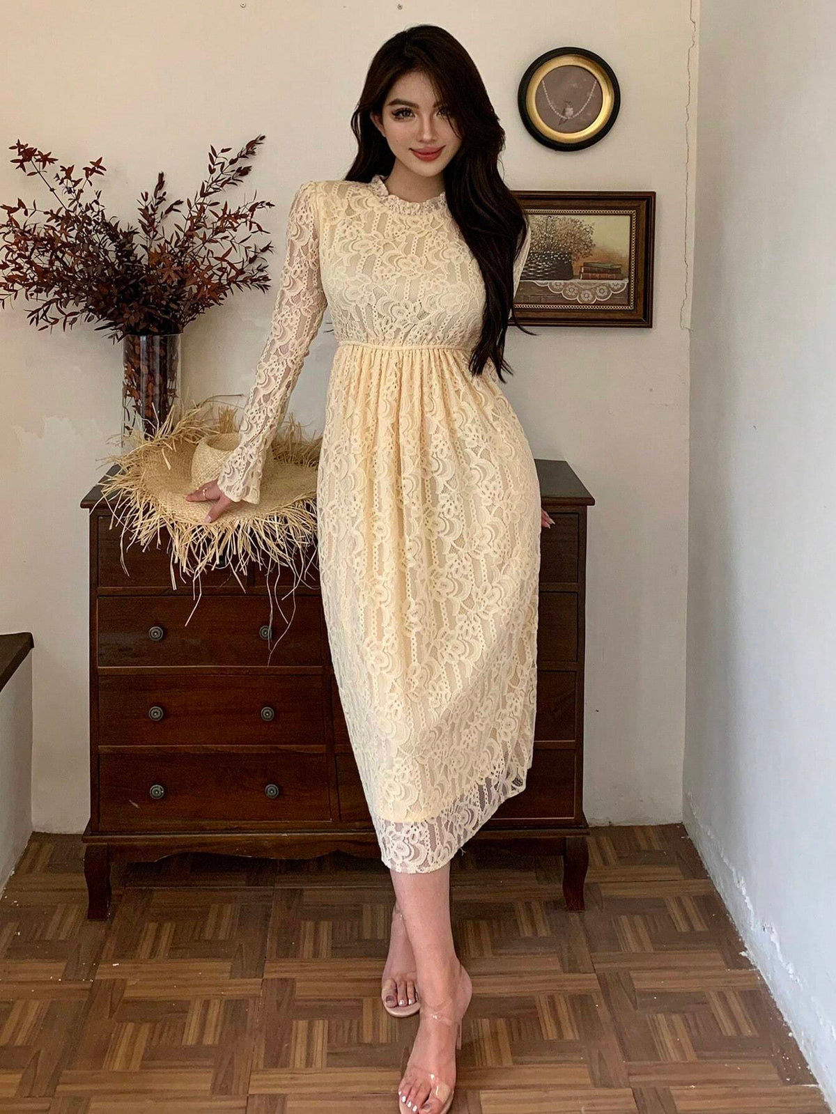 DAZY Women's Elegant Lace Waist Cinching Long Sleeve Solid Color Round Neck Dress, Spring/Summer