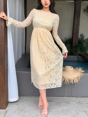 DAZY Women's Elegant Lace Waist Cinching Long Sleeve Solid Color Round Neck Dress, Spring/Summer
