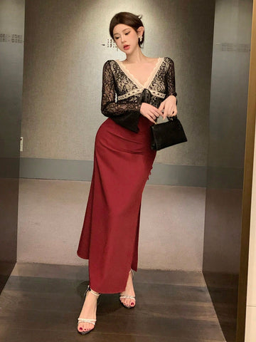 DAZY Women's Elegant Red High Slit Fishtail Skirt Valentine Valentine's Day