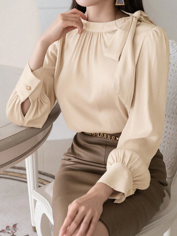 DAZY Women's Elegant Solid Color Knot Collar Lantern Sleeve Loose Blouse, Spring/Autumn