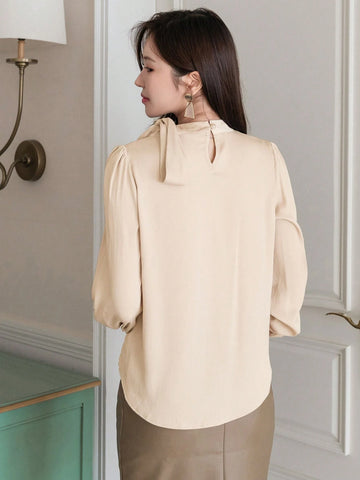 DAZY Women's Elegant Solid Color Knot Collar Lantern Sleeve Loose Blouse, Spring/Autumn