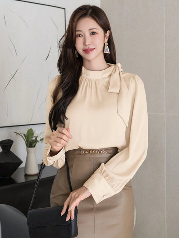DAZY Women's Elegant Solid Color Knot Collar Lantern Sleeve Loose Blouse, Spring/Autumn