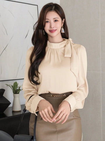 DAZY Women's Elegant Solid Color Knot Collar Lantern Sleeve Loose Blouse, Spring/Autumn