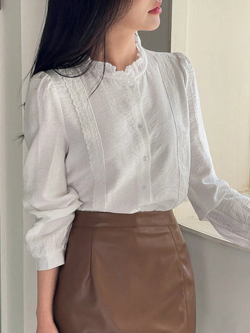 DAZY Women's Elegant Stand Collar Puff Sleeve White Blouse