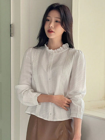 DAZY Women's Elegant Stand Collar Puff Sleeve White Blouse