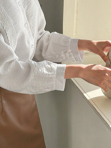 DAZY Women's Elegant Stand Collar Puff Sleeve White Blouse