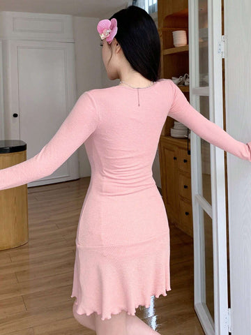 DAZY Women's Fake Two Pieces Stitching Long Sleeve Dress