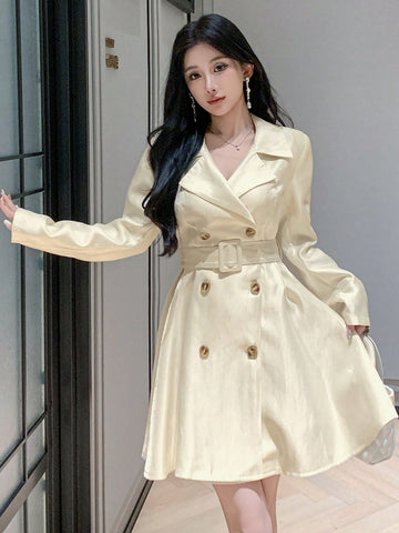 DAZY Women's Fall Solid Color Lapel Collar Long Sleeve Double Breasted Casual Windbreaker Dress