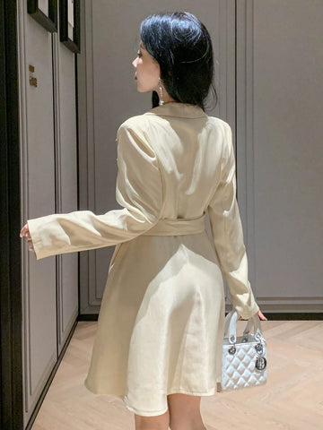 DAZY Women's Fall Solid Color Lapel Collar Long Sleeve Double Breasted Casual Windbreaker Dress