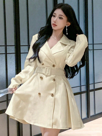 DAZY Women's Fall Solid Color Lapel Collar Long Sleeve Double Breasted Casual Windbreaker Dress