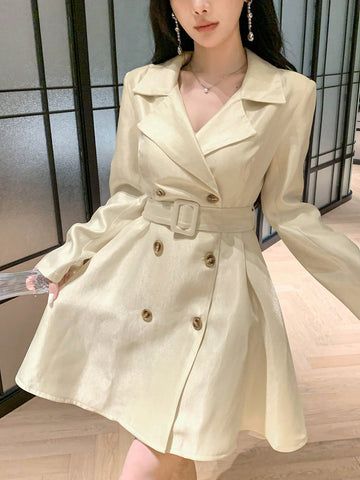 DAZY Women's Fall Solid Color Lapel Collar Long Sleeve Double Breasted Casual Windbreaker Dress