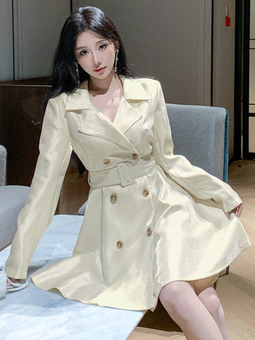 DAZY Women's Fall Solid Color Lapel Collar Long Sleeve Double Breasted Casual Windbreaker Dress