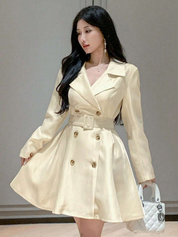 DAZY Women's Fall Solid Color Lapel Collar Long Sleeve Double Breasted Casual Windbreaker Dress