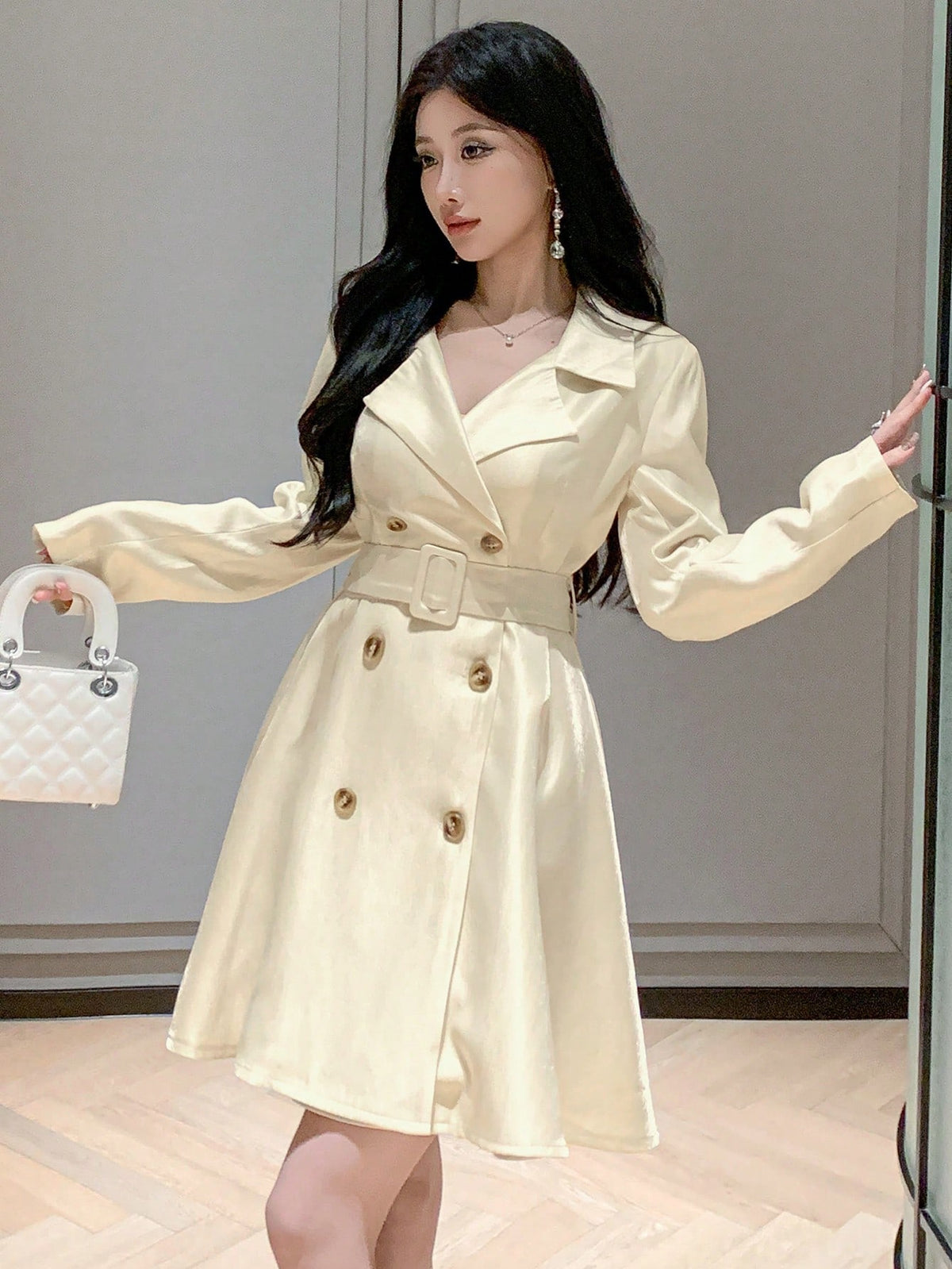 DAZY Women's Fall Solid Color Lapel Collar Long Sleeve Double Breasted Casual Windbreaker Dress