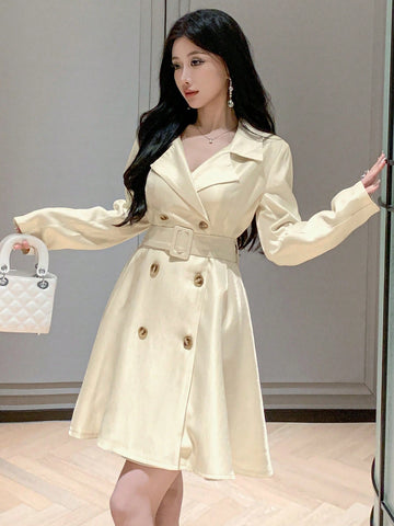 DAZY Women's Fall Solid Color Lapel Collar Long Sleeve Double Breasted Casual Windbreaker Dress