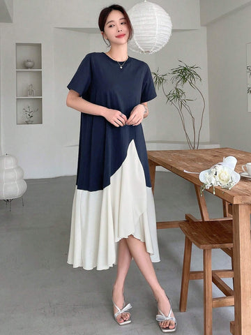 DAZY Women's Fashion Color Block Short Sleeve Dress