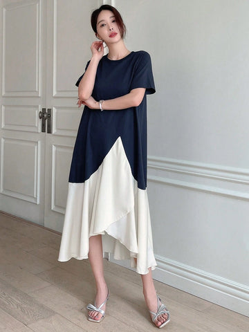 DAZY Women's Fashion Color Block Short Sleeve Dress