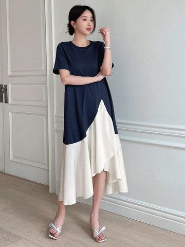 DAZY Women's Fashion Color Block Short Sleeve Dress