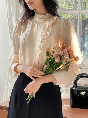 DAZY Women's Fashion Versatile Minimalist Half-Turtleneck Oblique Placket Single-Breasted Long Sleeve Blouse