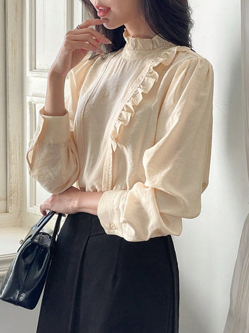 DAZY Women's Fashion Versatile Minimalist Half-Turtleneck Oblique Placket Single-Breasted Long Sleeve Blouse