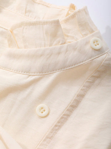 DAZY Women's Fashion Versatile Minimalist Half-Turtleneck Oblique Placket Single-Breasted Long Sleeve Blouse