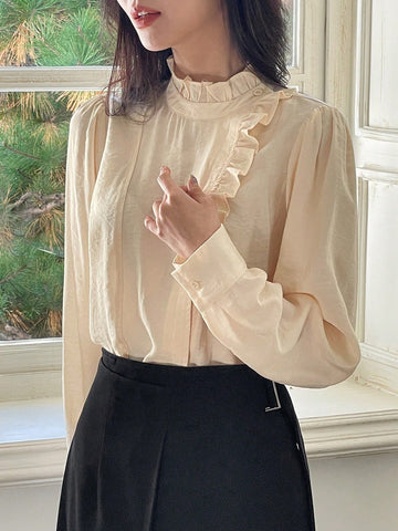 DAZY Women's Fashion Versatile Minimalist Half-Turtleneck Oblique Placket Single-Breasted Long Sleeve Blouse