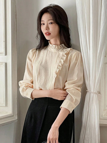 DAZY Women's Fashion Versatile Minimalist Half-Turtleneck Oblique Placket Single-Breasted Long Sleeve Blouse