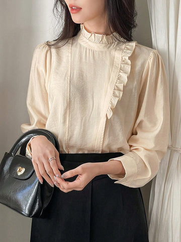 DAZY Women's Fashion Versatile Minimalist Half-Turtleneck Oblique Placket Single-Breasted Long Sleeve Blouse