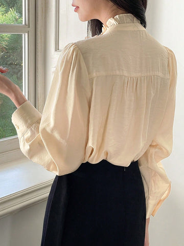 DAZY Women's Fashion Versatile Minimalist Half-Turtleneck Oblique Placket Single-Breasted Long Sleeve Blouse