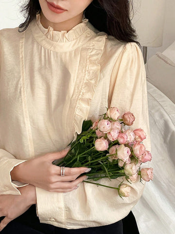 DAZY Women's Fashion Versatile Minimalist Half-Turtleneck Oblique Placket Single-Breasted Long Sleeve Blouse