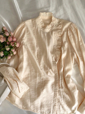 DAZY Women's Fashion Versatile Minimalist Half-Turtleneck Oblique Placket Single-Breasted Long Sleeve Blouse