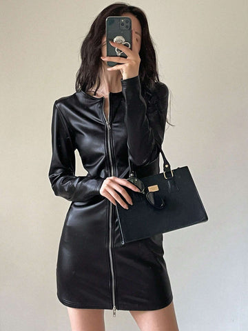 DAZY Women's Fashionable Autumn Short PU Bodycon Dress