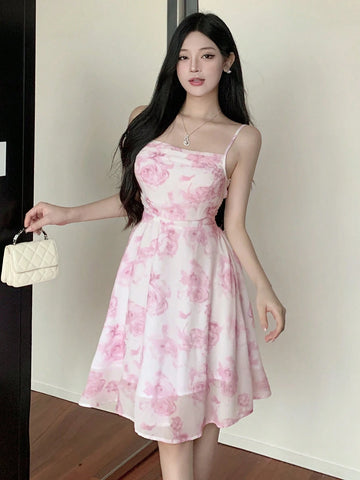 DAZY Women's Fashionable French Flower Printed Cami Dress