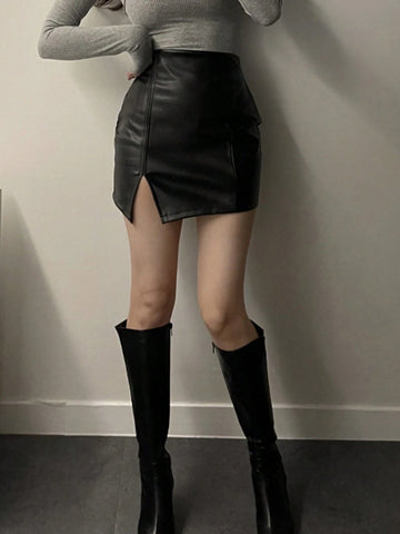 DAZY Women's Fashionable PU Leather Bodycon Slit Skirt For Spring/Autumn