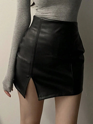 DAZY Women's Fashionable PU Leather Bodycon Slit Skirt For Spring/Autumn