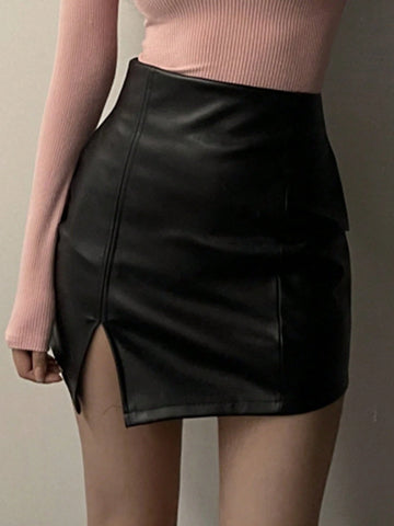 DAZY Women's Fashionable PU Leather Bodycon Slit Skirt For Spring/Autumn