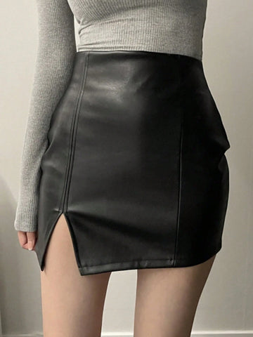 DAZY Women's Fashionable PU Leather Bodycon Slit Skirt For Spring/Autumn