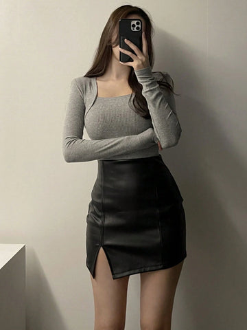DAZY Women's Fashionable PU Leather Bodycon Slit Skirt For Spring/Autumn