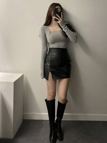 DAZY Women's Fashionable PU Leather Bodycon Slit Skirt For Spring/Autumn