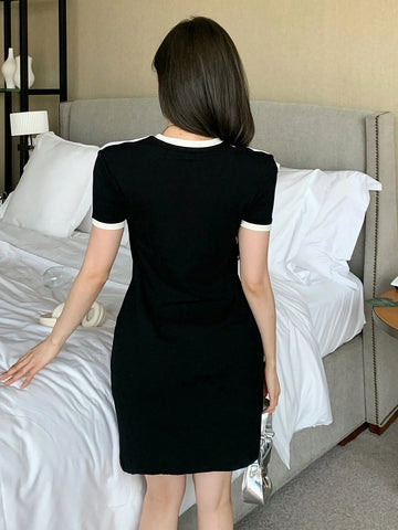 DAZY Women's Fitted Embroidery Bow Decor Short Sleeve Short Dress