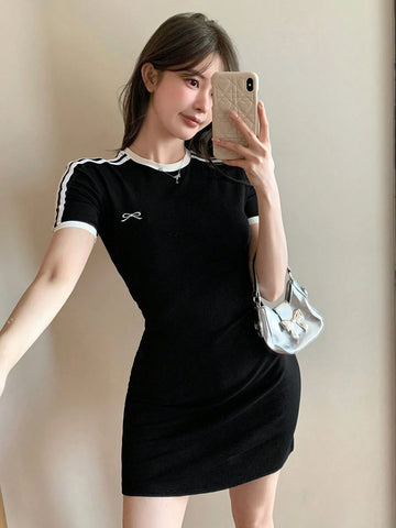 DAZY Women's Fitted Embroidery Bow Decor Short Sleeve Short Dress