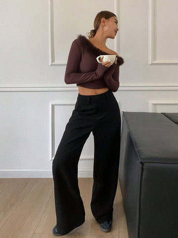 DAZY Women's Fleece Lined Patchwork Hem Long Sleeve Casual T-Shirt