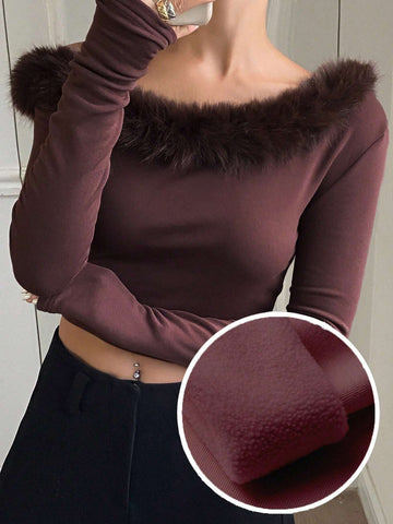 DAZY Women's Fleece Lined Patchwork Hem Long Sleeve Casual T-Shirt