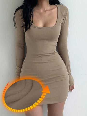 DAZY Women's Fleece Lined Turtleneck Bodycon Dress