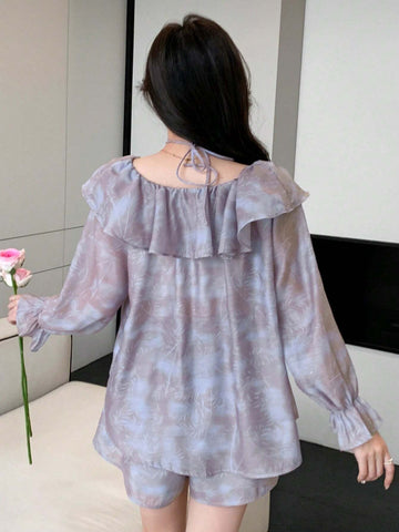 DAZY Women's Floral Chiffon Off-Shoulder Blouse And Shorts Set