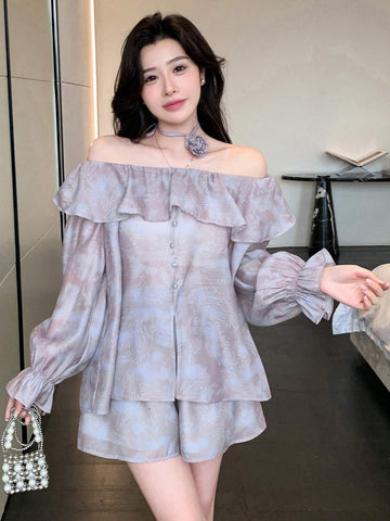 DAZY Women's Floral Chiffon Off-Shoulder Blouse And Shorts Set