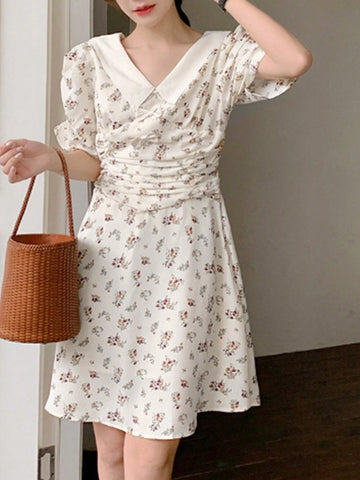 DAZY Women's Floral Print Puff Sleeve Waist Tie Dress