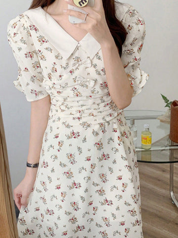 DAZY Women's Floral Print Puff Sleeve Waist Tie Dress