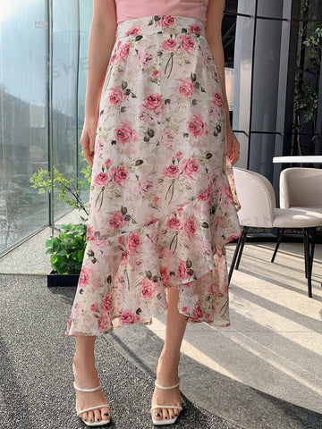 DAZY Women's Floral Print Ruffle Hem Midi Skirt