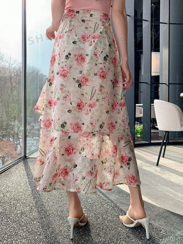 DAZY Women's Floral Print Ruffle Hem Midi Skirt